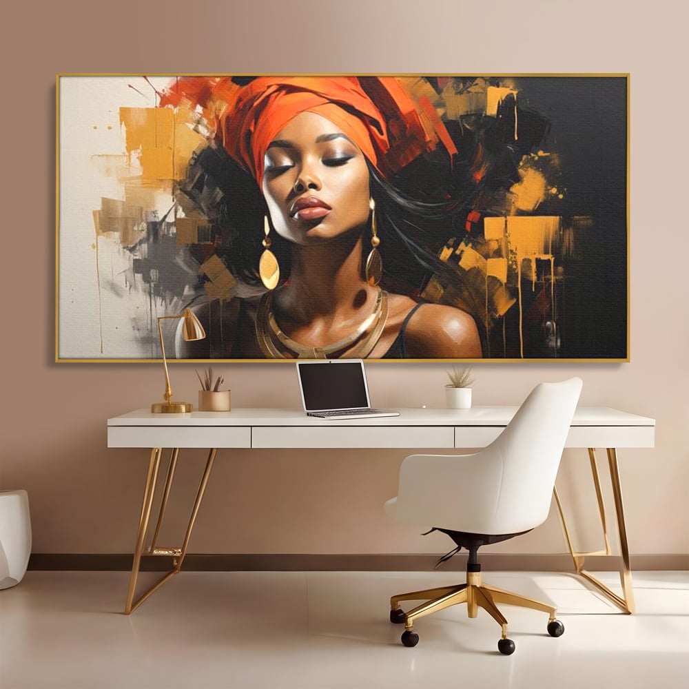 Tablou canvas cu tablou canvas cu femeie si turban, in rama de aluminiu auriu, pe perete intr-un birou